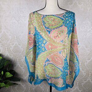 Talbots Size S/M Turquoise Coral Paisley Butterfly Sleeve Kimono Top Silk Sheer